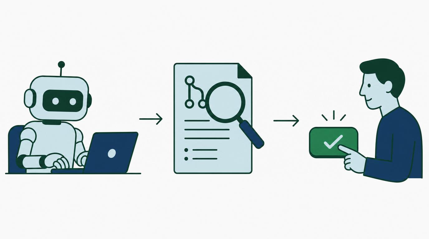 Drie rollen naast elkaar als vlakke line-art: een robot-agent die code typt, een tweede AI-icoon dat met een vergrootglas naar een pull request kijkt, en een persoon met een groene vinkknop die de eindbeslissing neemt. Ambyte-huisstijl.