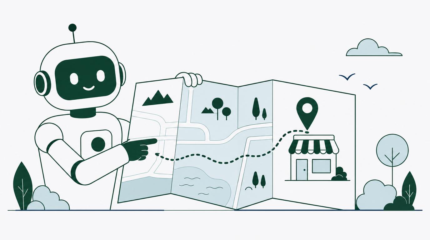 Een AI-robot houdt een kaart vast met een route naar een winkel met locatiepin: AI die de weg wijst naar een lokaal bedrijf.