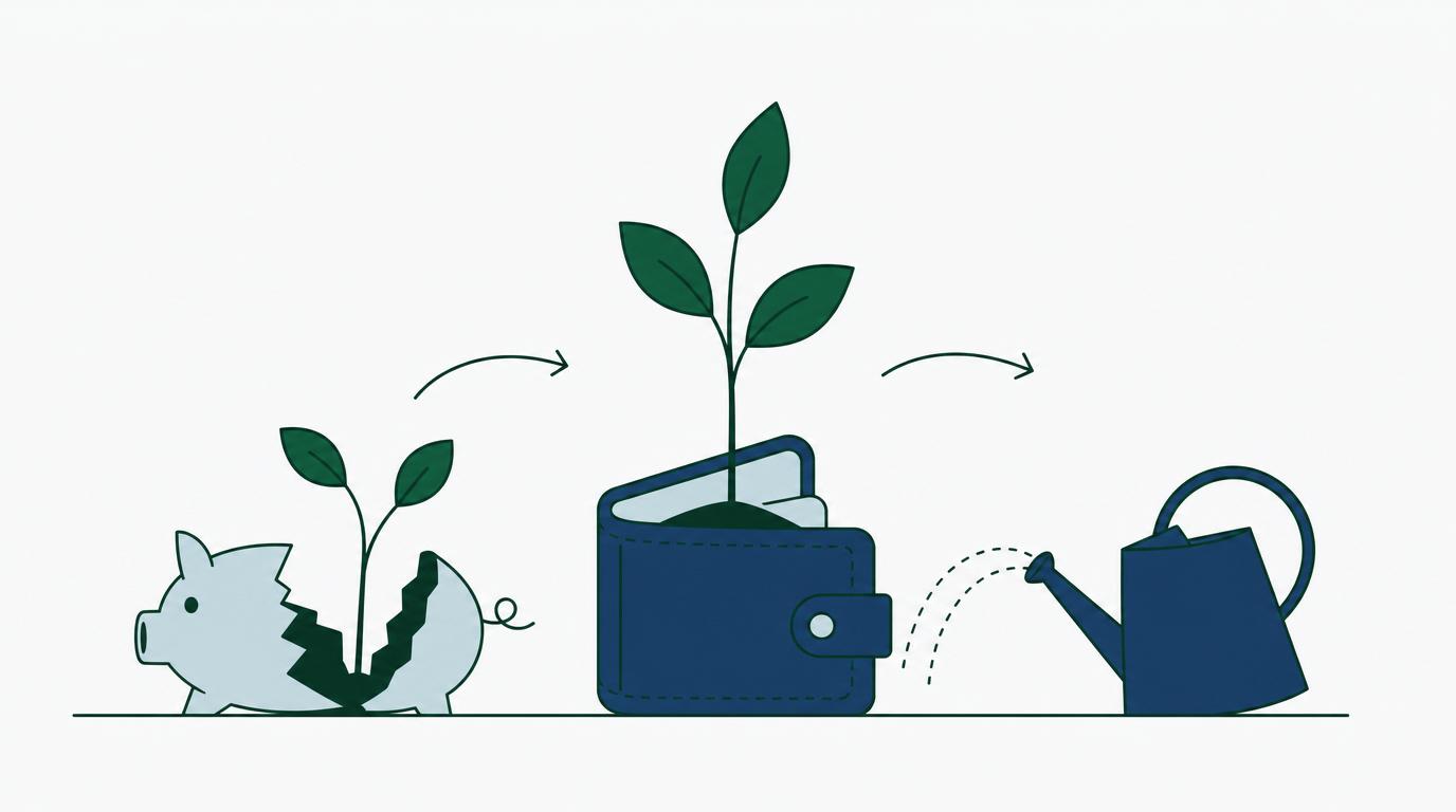 Een plantje dat uit een gebroken spaarvarken en een portemonnee groeit, begoten door een gieter: content laten groeien zonder budget.