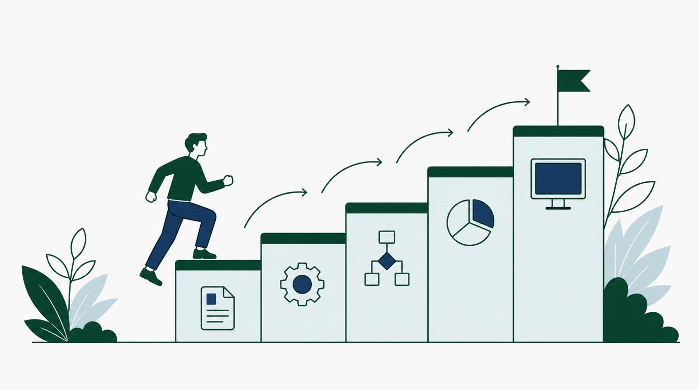 Een figuur dat vijf oplopende treden beklimt met iconen per stap: digitaliseren in vijf stappen.