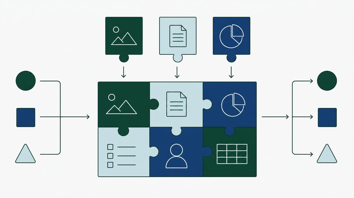 Vlakke illustratie van content-blokken die als puzzelstukken in een gestructureerd raster vallen.