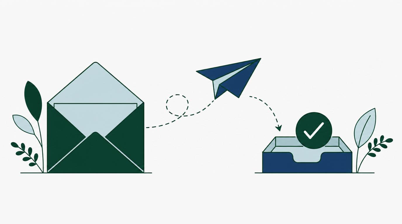 Een open envelop met een papieren vliegtuigje dat naar een inbox met een vinkje vliegt: e-mailmarketing die aankomt.