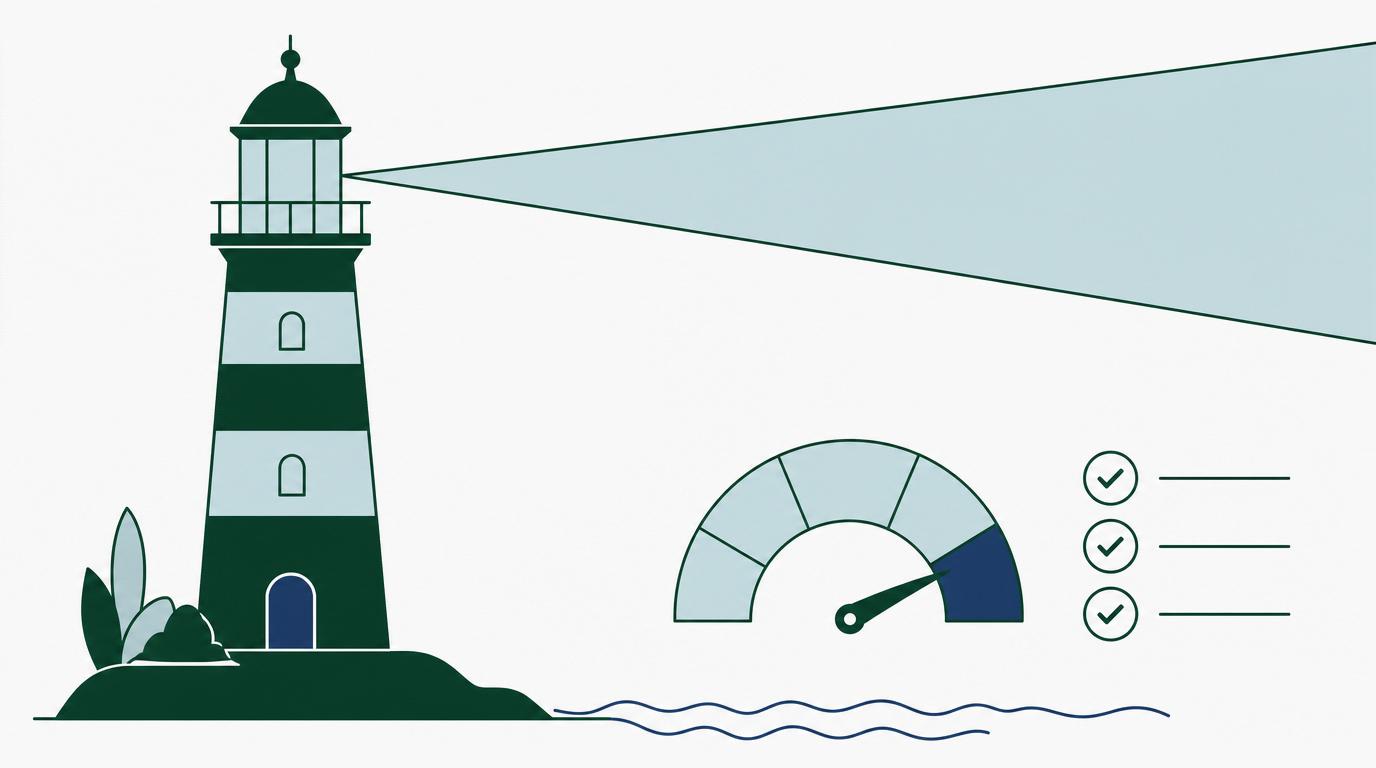 Een vuurtoren met lichtbundel naast een prestatiemeter in het groen en een checklist met vinkjes.