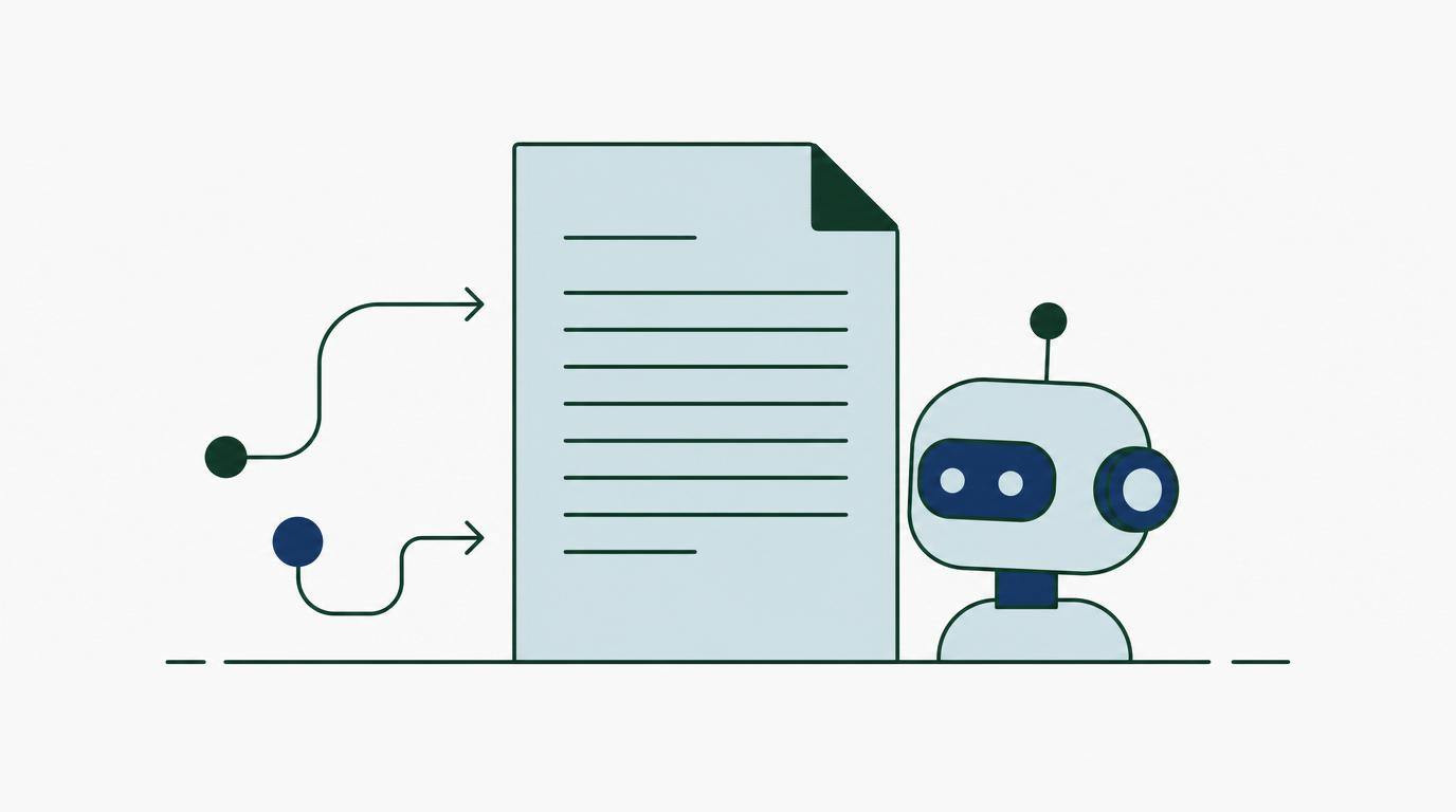 Een tekstbestand dat door een klein robotje wordt gelezen: een machine-leesbaar llms.txt-bestand.