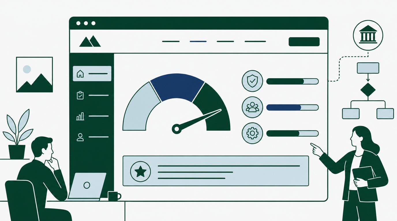 Een consultancy-website op een scherm met een interactieve zelfscan die een score toont.