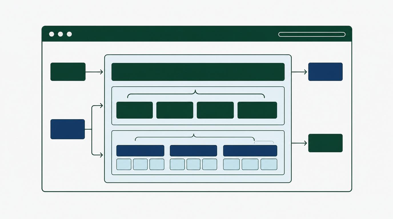 Een webpagina-frame met geneste, gelabelde blokken: gestructureerde data op een KMO-site.
