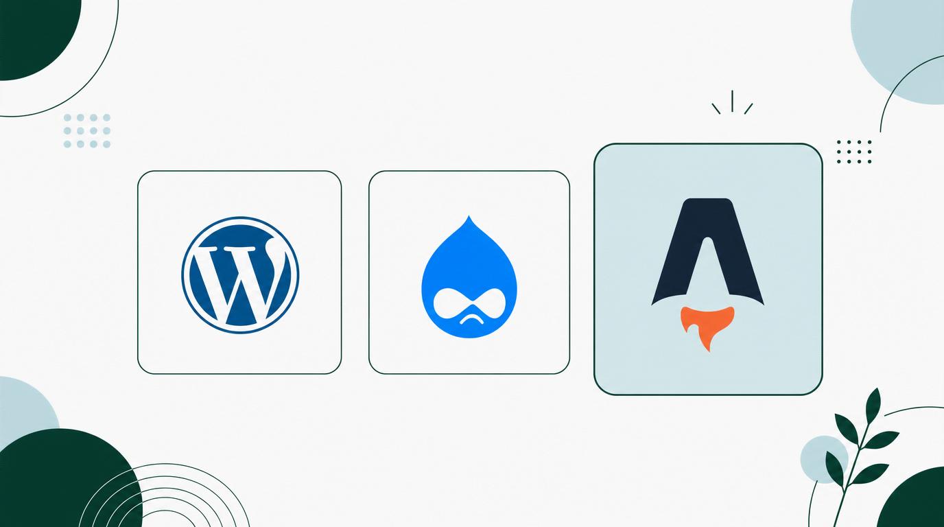 Drie kaarten met de WordPress-, Drupal- en Astro-logo's, met Astro uitgelicht: het juiste platform kiezen.