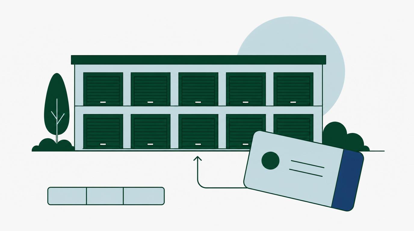 Vlakke illustratie van een self-storage-gebouw met genummerde boxen, een toegangsbadge en een drietalige taalwisselaar.