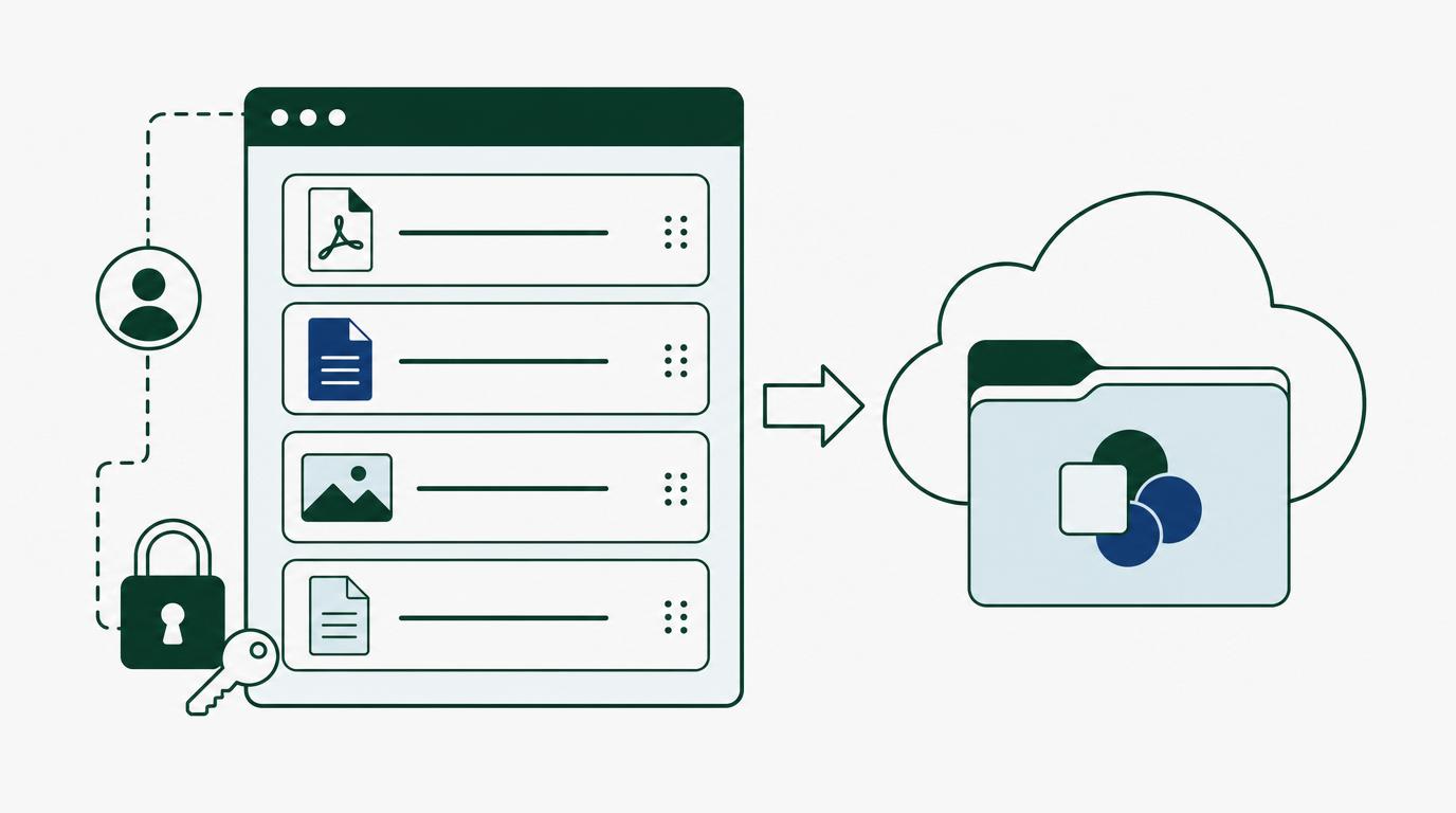 Een app-venster met een lijst bestanden (PDF, document, afbeelding) en een exportpijl naar een cloud-/SharePoint-map, met een hangslot dat veilig inloggen aangeeft.