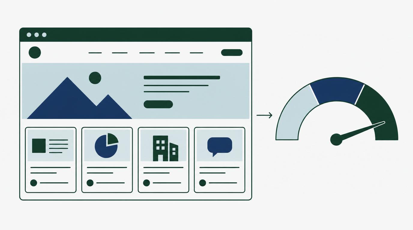 Vlakke illustratie van een bedrijfswebsite met een navigatiebalk, een blogsectie en een meterachtige barometer.
