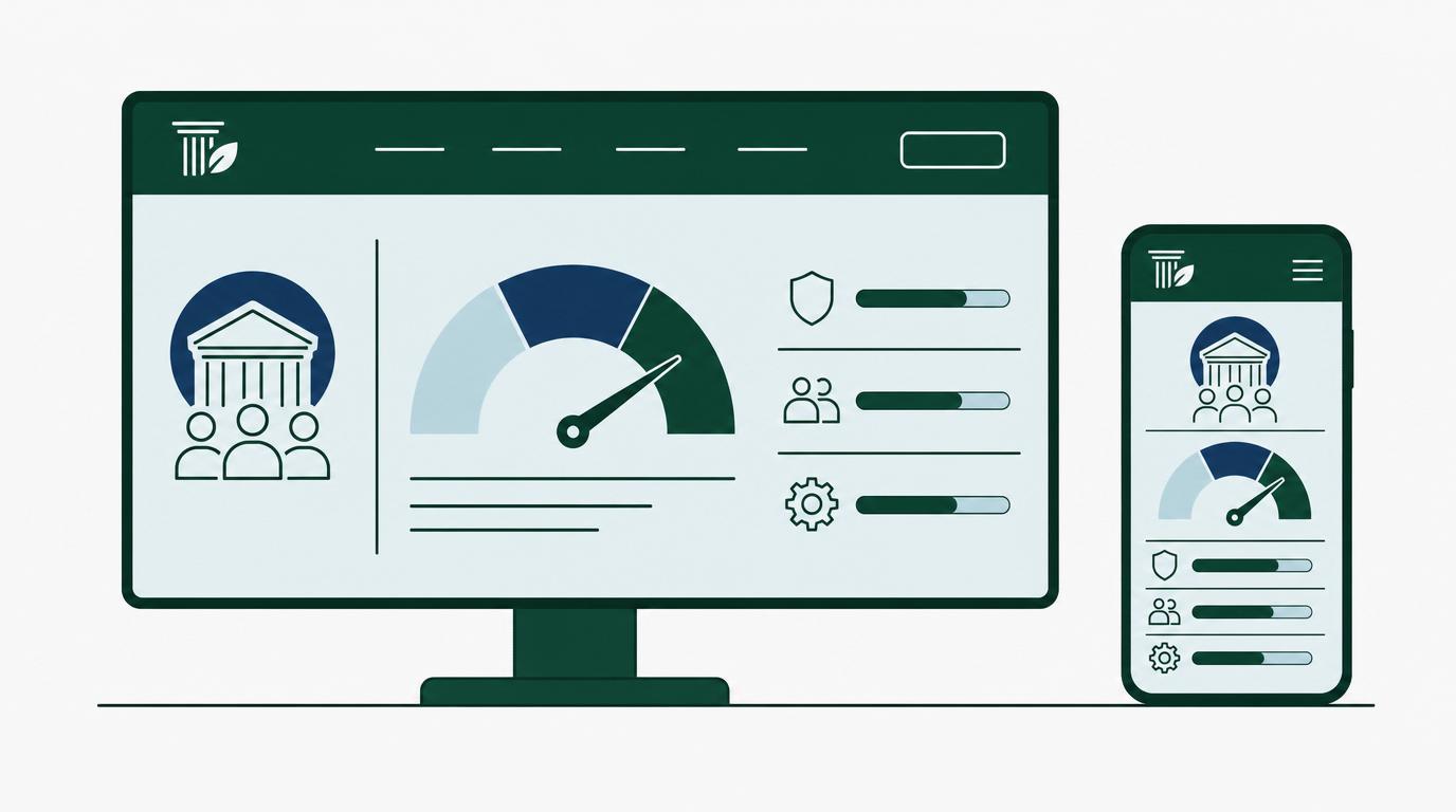 Een consultancy-website op desktop en telefoon, met een interactieve quickscan die een maturity-score toont.
