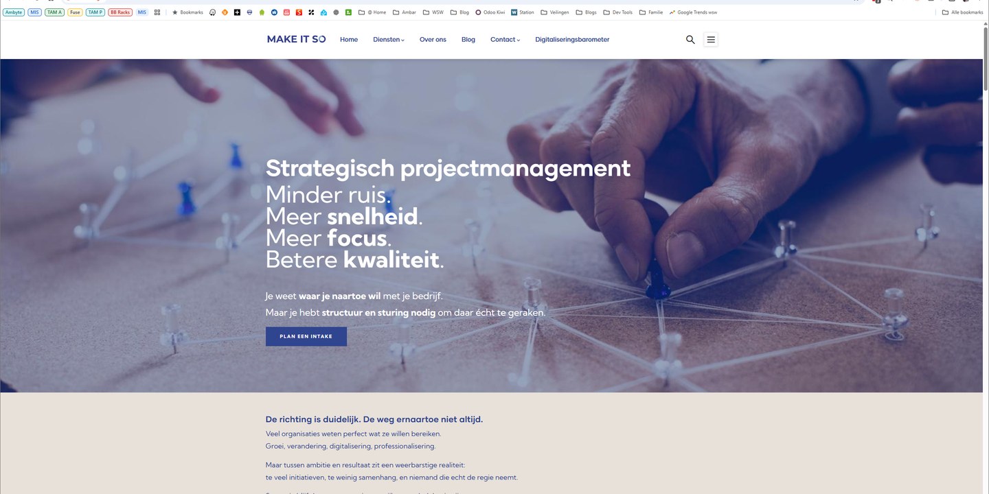 Make IT So homepage: hero met 'Strategisch projectmanagement' en PLAN EEN INTAKE CTA