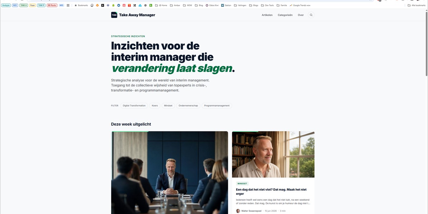 Take Away Manager homepage: artikeloverzicht met categoriefilter en featured artikels