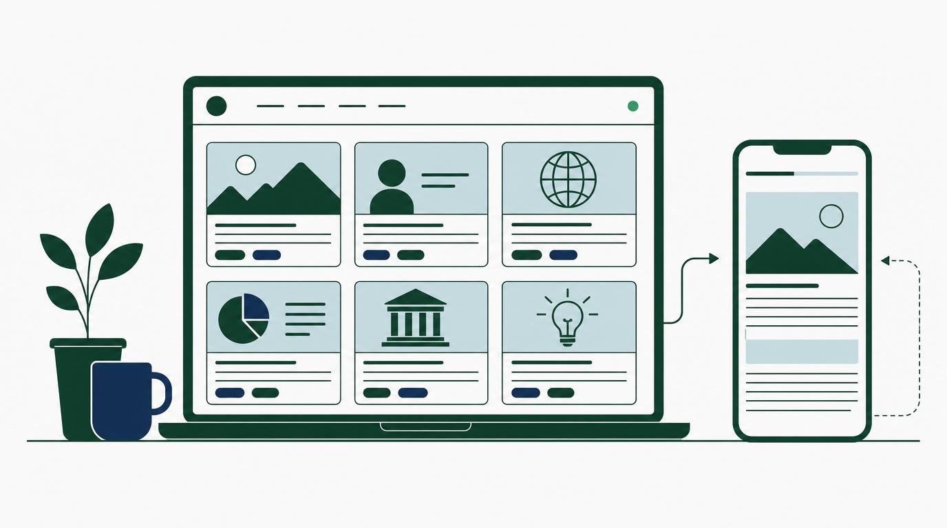 Een schoon contentplatform op laptop en telefoon: een artikeloverzicht met categorieën, een leesweergave met leesvoortgang, en een groen statuslampje dat enterprise-grade betrouwbaarheid aangeeft. Vlakke, redactionele line-art in de Ambyte-huisstijl.